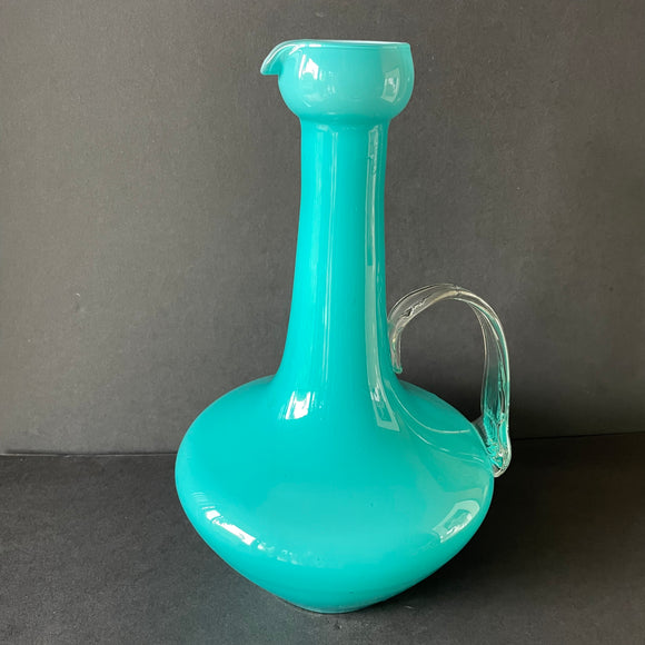 Empoli Glass, Large Pitcher Vase, cased glass, Celery Handle, Turquoise