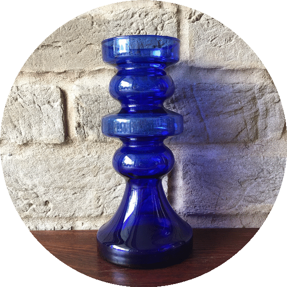 Alfred Taube, West German Hooped Blue Glass Vase/Candlestick - 18 cm