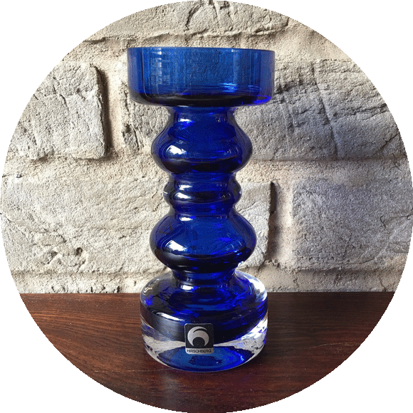 Hirschberg Glass, West German Hooped Blue Glass Vase/Candlestick - 15 cm